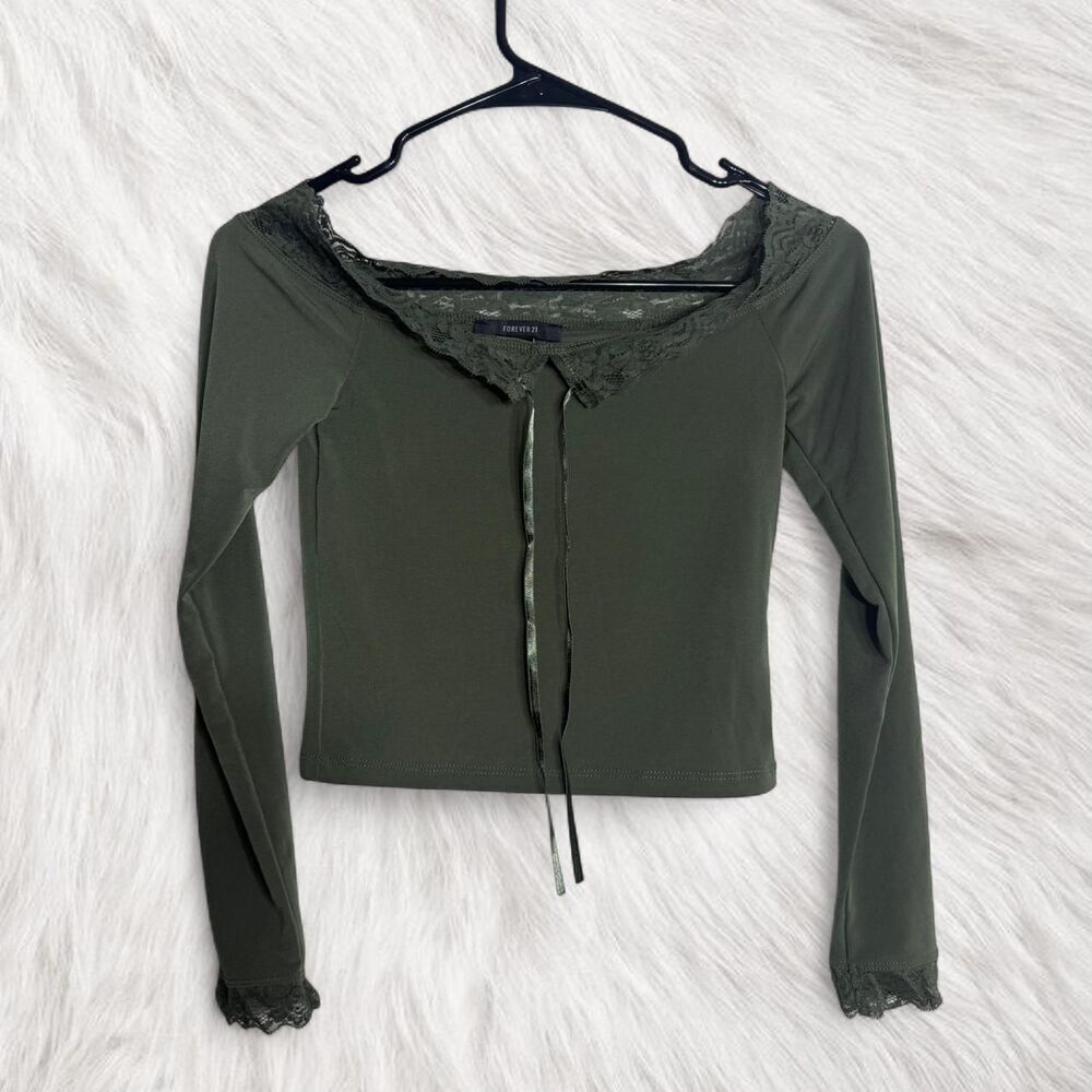 Forever 21 Fairycore off shoulder green lace long sleeve top with tie detail S
